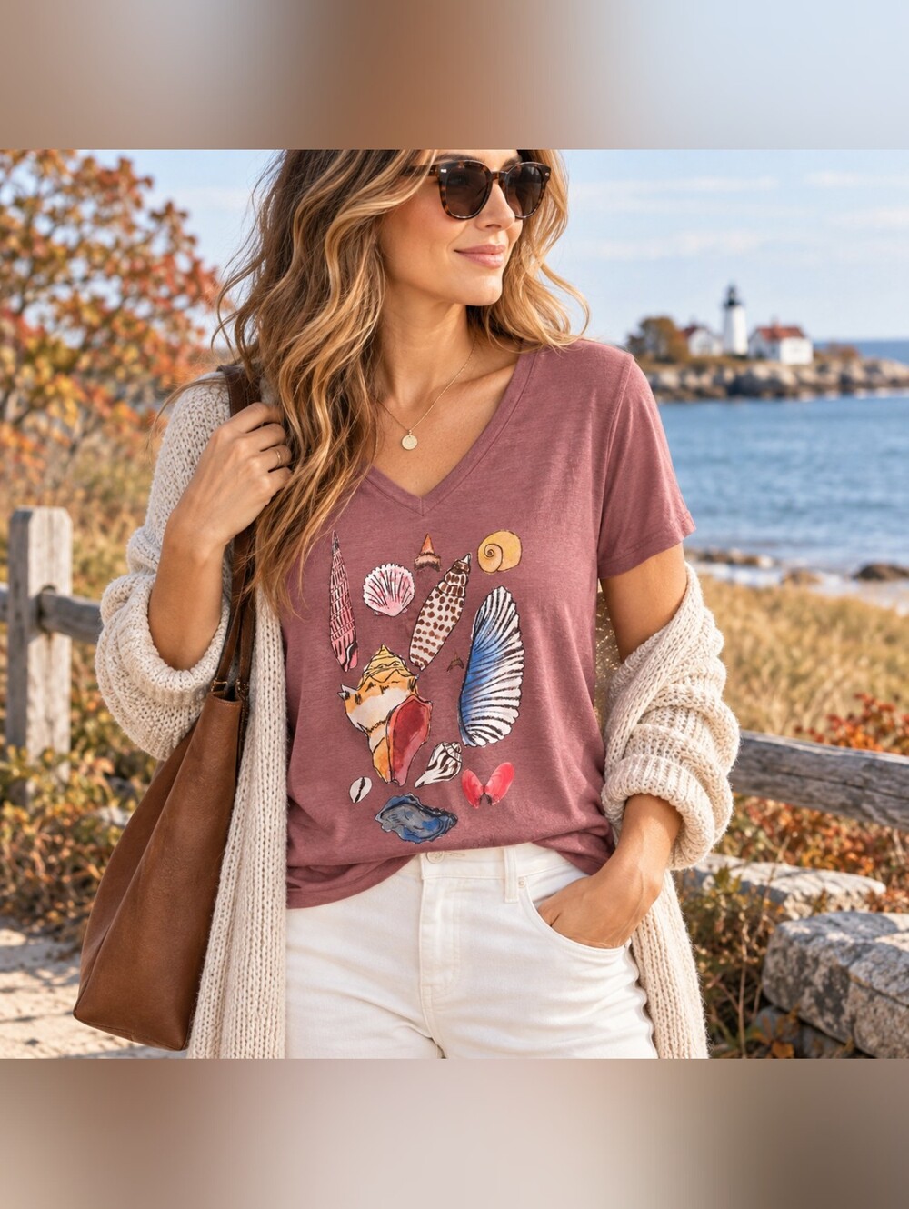 Vitamin Sea Shell Graphic Tee Small Mauve Coastal Fall V Neck Made USAVitamin
